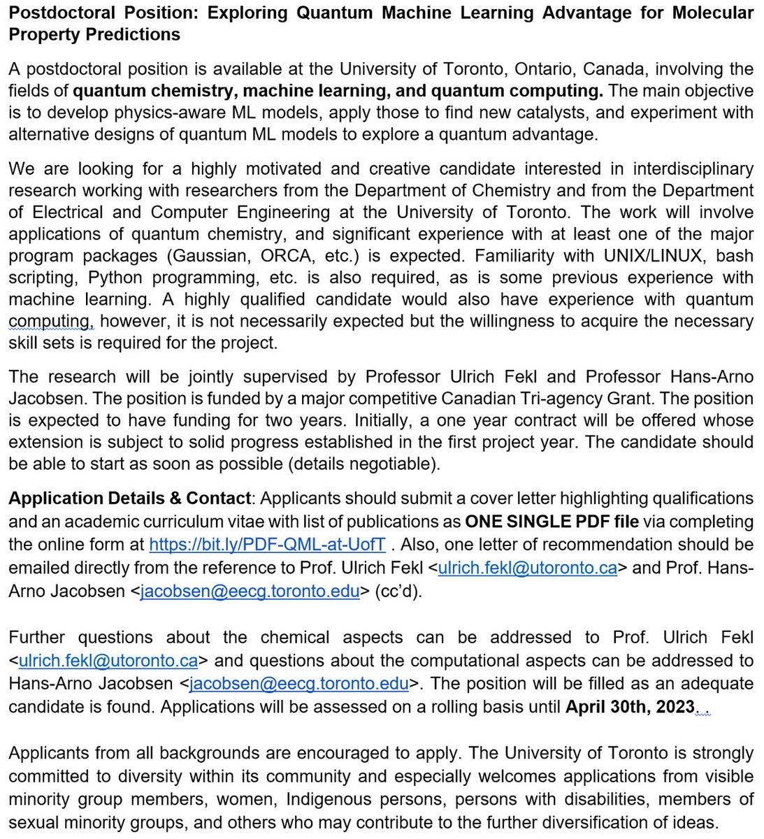 Please RT: Postdoctoral Position in Machine Learning, University of Toronto, Canada. 
Please see picture for detailed description. Submit at bit.ly/PDF-QML-at-UofT <a href="/ChemPostdocBot/">ChemPostdocBot</a> <a href="/PostdocPal/">PostDoc_Pal</a> #ChemPostDoc #postdocjobs #academicjobs #AcademicTwitter #ML #quantum #machinelearning