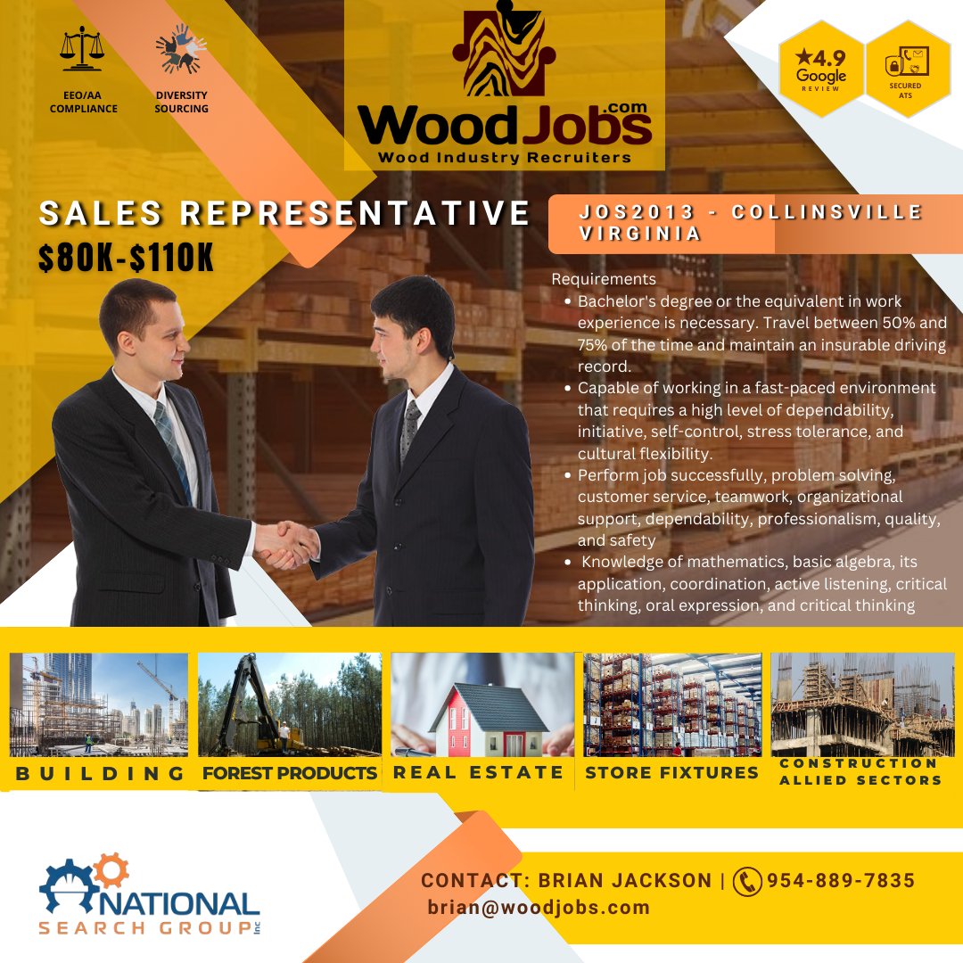 CONTACT: Brian Jackson | 954-889-7835
brian@woodjobs.com
#werehiring #hotjobs #jobsinvirginia #salesrepresentative #woodindustry #salesjobs #supportjobs #woodjobs #customerservice