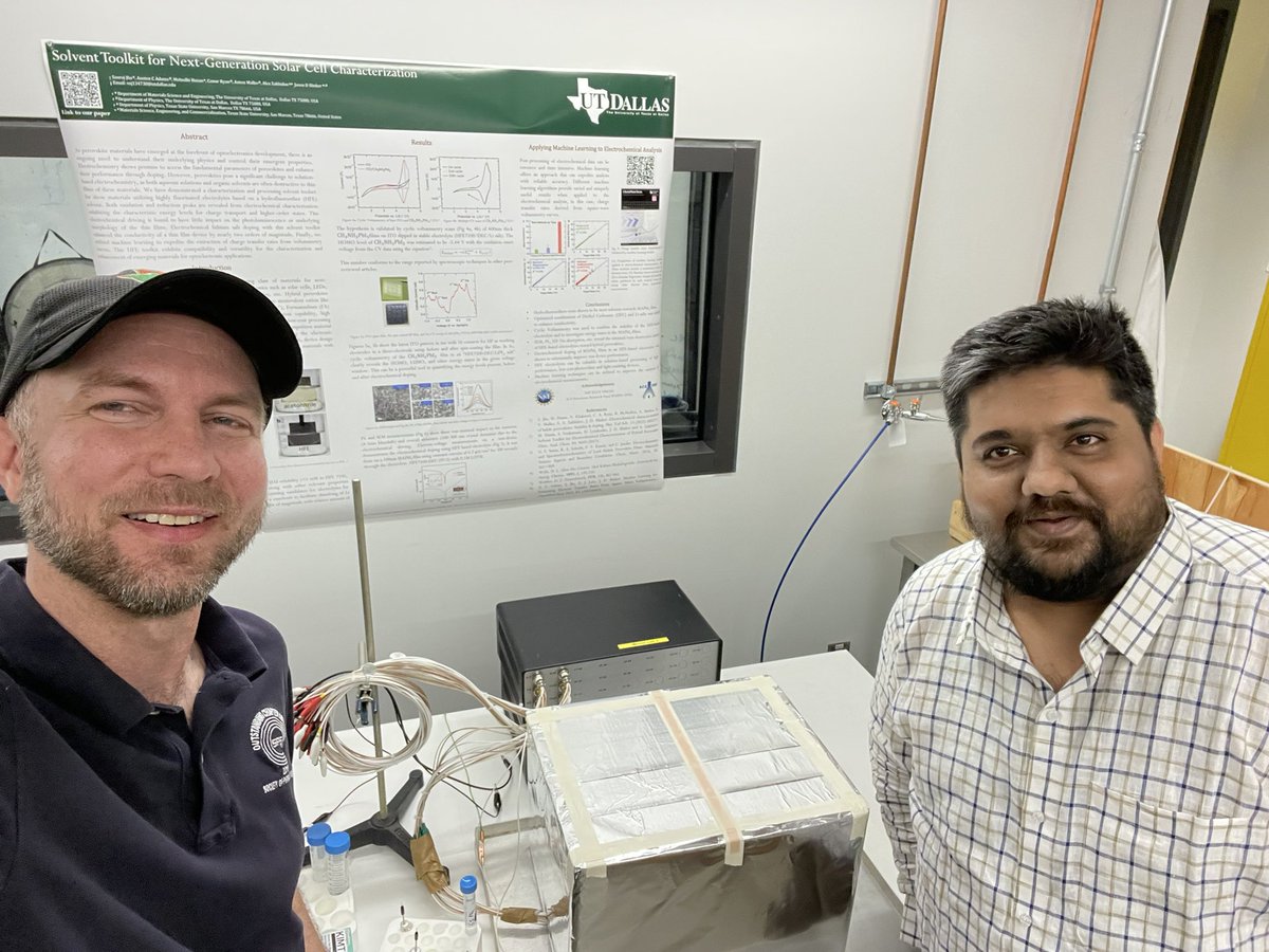 JasonSlinker's tweet photo. Congrats to Sauraj Jha, who successfully defended his dissertation in Materials Science! Sauraj used a “liquid Teflon” toolkit to model and dope hybrid perovskite solar materials to make them even more efficient! Please celebrate my 9th PhD, Sauraj! #PhD #solar #utdmse #utdallas https://t.co/I4VD7tTSj3