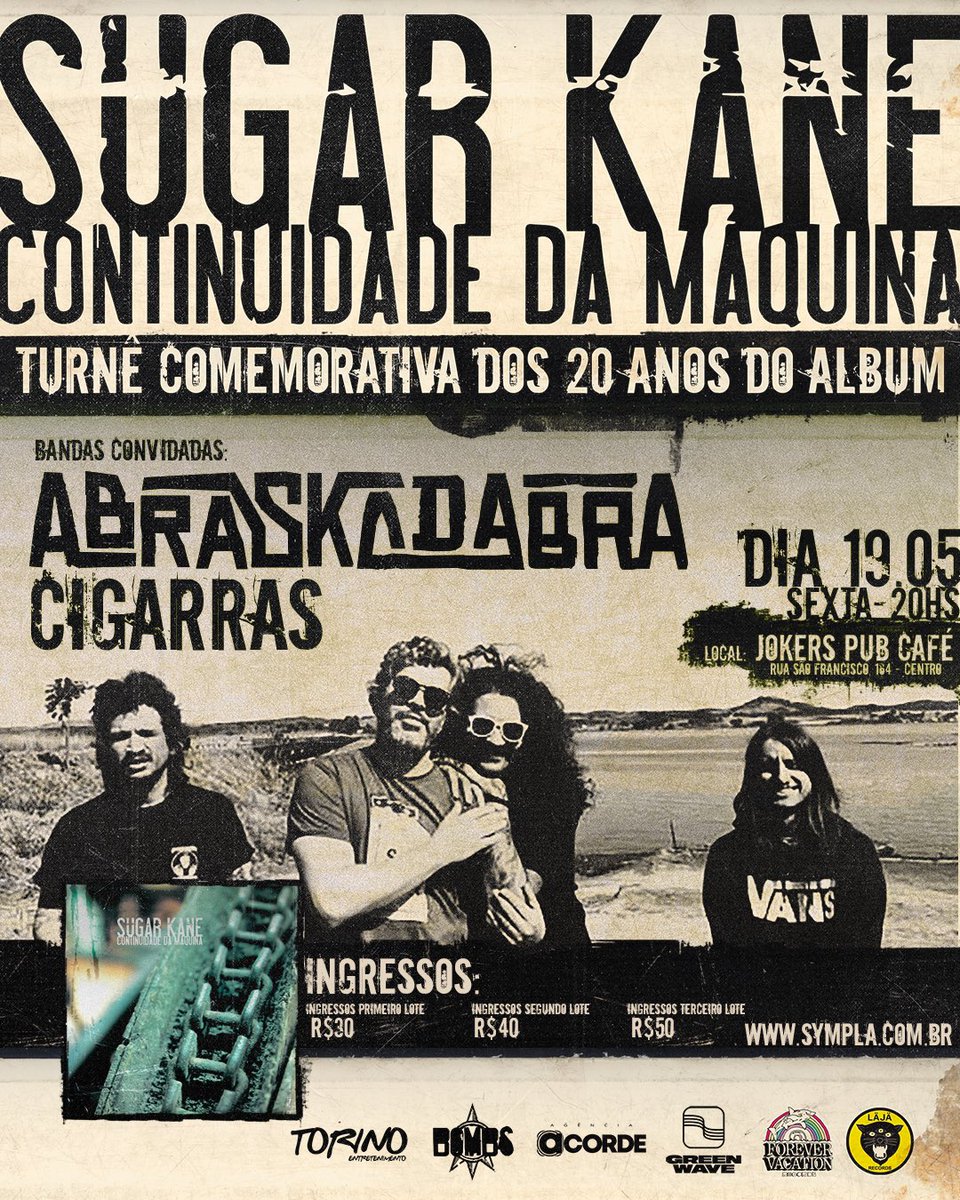 CURITIBA! Chegou o dia do show do m casa 🏠 

Bora comemorar os 20 anos do “Continuidade da Máquina” no <a href="/JokersCwb/">JokersPub</a> ao lado do <a href="/Abraskadabra/">Abraskadabra</a> e Cigarras dia 19/05

Mal começaram as vendas e o primeiro lote já era 🫠

Garanta o seu agora 👉🏼 shorturl.at/ijKZ8
