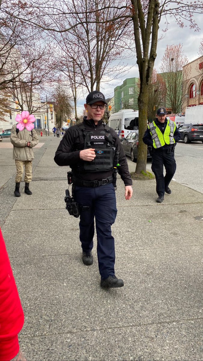 defund604's tweet image. VPD officer McKinnon wearing a prohibited symbol after a long day of beating up unhoused neighbours. #StopTheSweeps #BlueLivesMurder