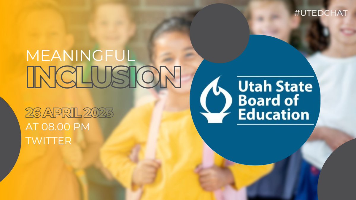 Join us tonight for #utedchat with <a href="/UTPublicEd/">K-12: Utah Public Schools</a> talking about Meaningful Inclusion, bring a friend! <a href="/covili/">Jared Covili</a> <a href="/TeacherWinters/">Matthew Winters</a> <a href="/downrightdave/">Dave Horan</a> <a href="/sedcclint/">Clint Stephens</a> <a href="/KBeddes/">Kiera Beddes, M.A. T.Ed.</a> <a href="/pamturley55/">Pam Turley</a> <a href="/berylgirl/">Chris Haught</a> <a href="/salliewarnecke/">Sallie Warnecke</a> <a href="/tricia_j/">Tricia Jackson</a> <a href="/MrBowtieTech/">Charles Hanosek</a> <a href="/plumhof/">Cody</a> <a href="/cnef/">Carol Nef</a> <a href="/kaleyy/">Kaley King</a> <a href="/sailor_jody/">Jody Sailor</a> @MsKelCan  <a href="/ruaniteit/">Ross Rogers</a>