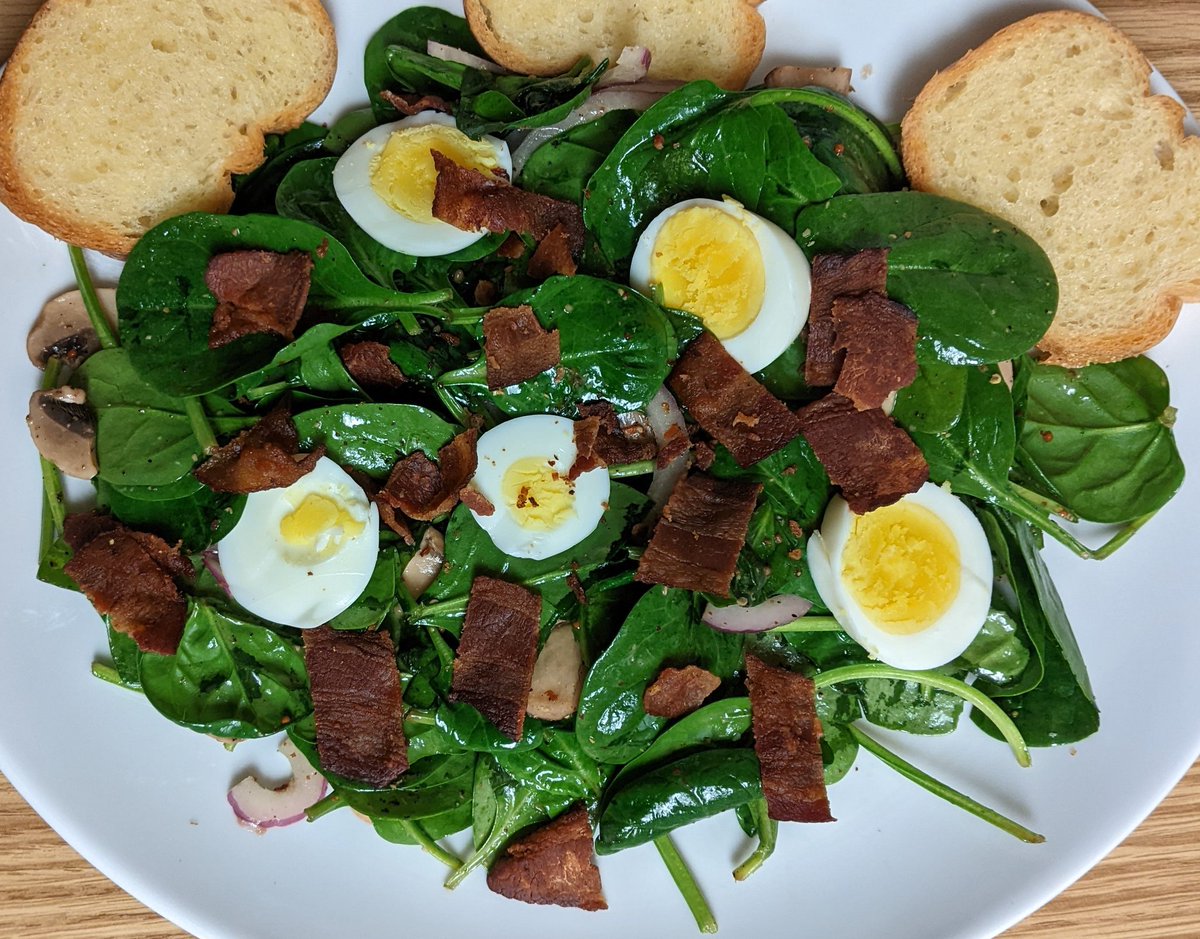 Spinach Salad with Warm Bacon Dressing 

Version 2

#allkindsofrecipes #testkitchen #spinachsalad #spinach #salad #warmbaconvinaigrette #warmbacondressing #bacon #vinaigrette #dressing #boiledeggs #mushrooms #redonion #crustybread #lunch