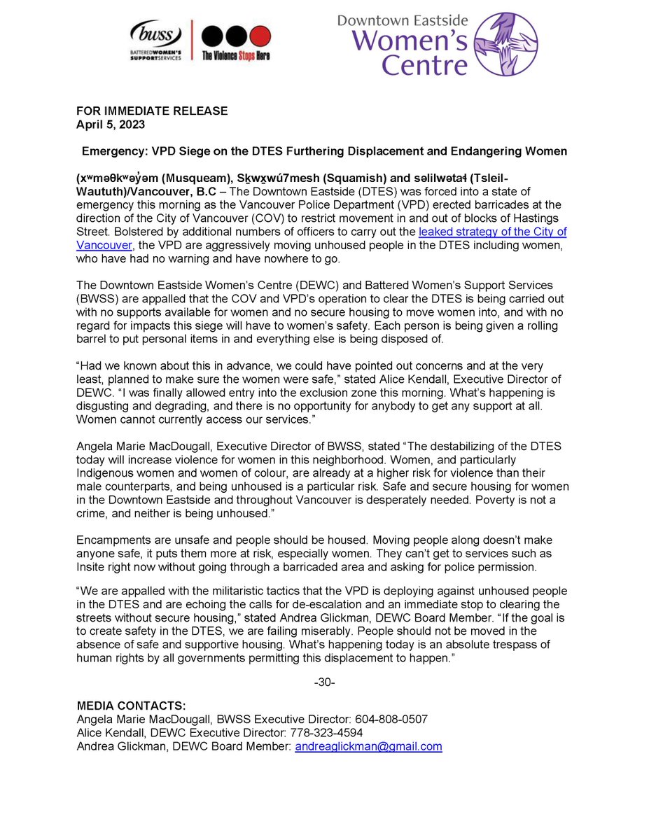 "Emergency: VPD Siege on the DTES Furthering Displacement and Endangering Women" Joint PR from <a href="/DEWCVancouver/">DEWC</a> and <a href="/EndingViolence/">BWSS Battered Women’s Support Services</a> denouncing <a href="/CityofVancouver/">City of Vancouver</a> and <a href="/VancouverPD/">Vancouver Police</a> for clearing Hastings with no secure housing, no plan for women's safety
#stopthesweeps #housingfirst