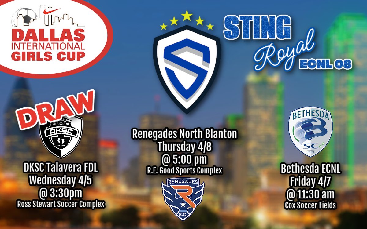 Sting Dallas Royal ECNL 08G (@ecnl08g) on Twitter photo Game 1 of the <a href="/DallasGirlsCup/">Dallas Texans Girls Cup</a> complete.
Not the result we wanted.
Time to re-group and prepare for our next game tomorrow.
<a href="/StingECNLRoyal/">Sting Royal ECNL & ECNL-RL</a> <a href="/StingSoccerClub/">Sting Soccer Club</a> Game 1 of the <a href="/DallasGirlsCup/">Dallas Texans Girls Cup</a> complete.
Not the result we wanted.
Time to re-group and prepare for our next game tomorrow.
<a href="/StingECNLRoyal/">Sting Royal ECNL & ECNL-RL</a> <a href="/StingSoccerClub/">Sting Soccer Club</a>