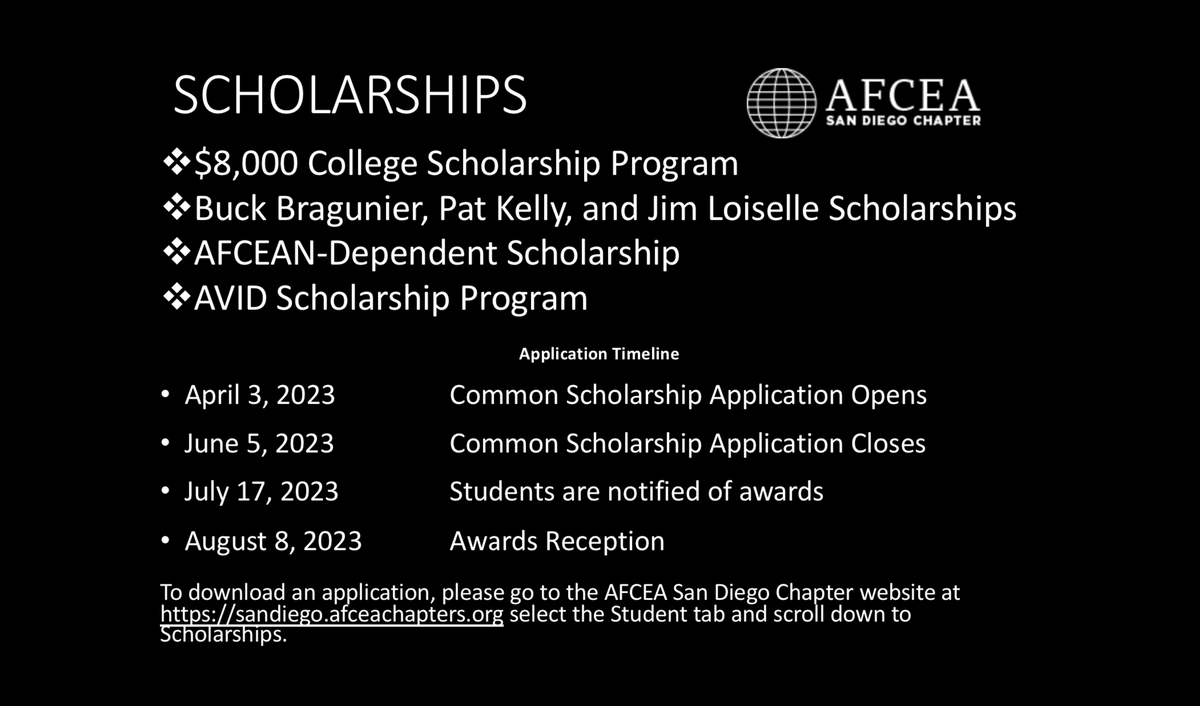 AFCEA, SD Chapter, is proud to offer scholarships to SD Co graduating seniors who will attend a 4-yr college or univ. in the US &amp; major in a STEM field. <a href="/SUHSD/">Sweetwater Union High School District</a> <a href="/sdschools/">San Diego Unified</a> <a href="/PowayUnified/">Poway Unified</a> @GUHSDTweet <a href="/CoronadoHigh/">Coronado High School</a> @EscondidoUSD @OsideUSD <a href="/AFCEA/">AFCEA International</a> <a href="/afceasd/">AFCEA San Diego</a> @SanDieguitoUnionHSD