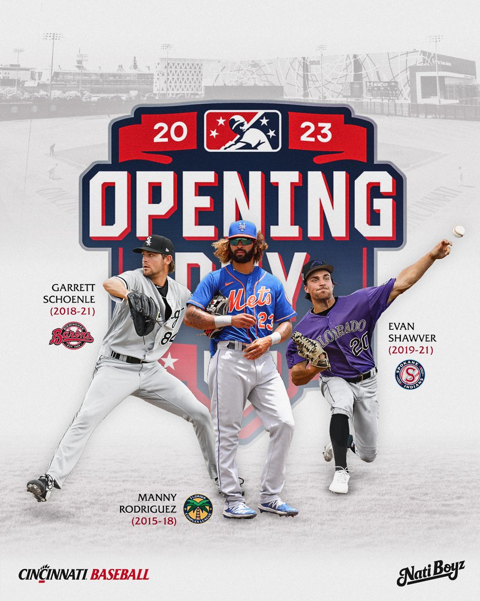 Happy <a href="/MiLB/">Minor League Baseball</a> Opening Day! ⚾️

- <a href="/Too_Manny/">Manny ®</a> (FCL <a href="/Mets/">New York Mets</a>) 
- <a href="/GSchoenle3/">G</a> (<a href="/BhamBarons/">Birmingham Barons</a>)  
- <a href="/EvanShawver1/">Evan Shawver</a> (<a href="/spokaneindians/">Spokane Indians</a>)

#Bearcats | #NatiBoyz