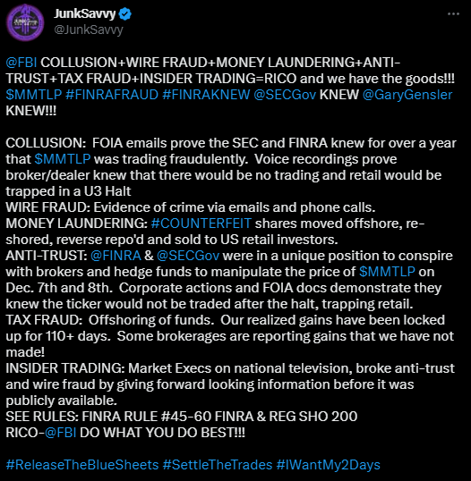 @FINRA #FINRAfraud #MMTLPfiasco 
#FINRAFAQdUP #SEC_DoYourJob 
@FinraFiles #FINRAknew #ReleaseTheBlueSheets  
#FacesofMMTLP #IamMMTLP #METAfam #RetailTogetherStrong #WECOMIN
#MMTLP #CounterfeitShares $MMTLP
#NakedShortWar #MarketTransparency  
#BlockchainLedger #FairMarketsNow