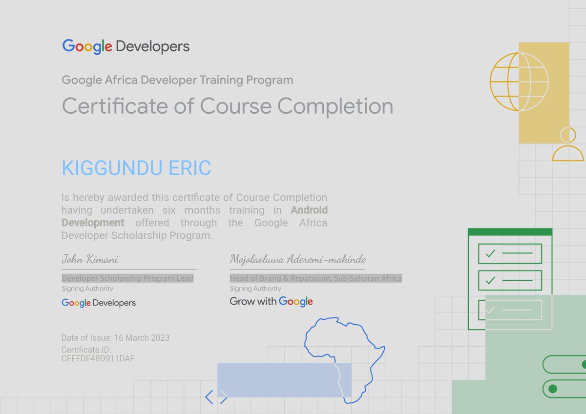ITprogrammer6's tweet image. thank God and am happy that ๐he helped me and i recieve this certificate of course completion in android developer associate from Google and still long way to go because soon i will be receiving a certification voucher from Google inorder to certify, thanks Google for thechance
