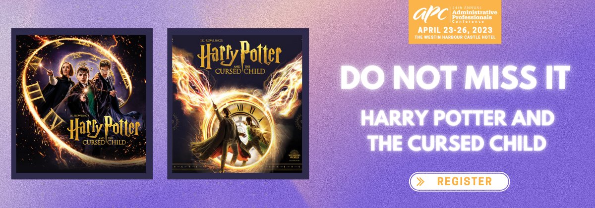 Time is Running Out! Harry Potter and the Cursed Child

🗓️April 23-26, 2023
📍Toronto, ON • The Westin Harbour Castle Hotel
🔗ow.ly/Ual150NBqWE

#APCTOR2023 #Conference #Admin #AdminProfessionals