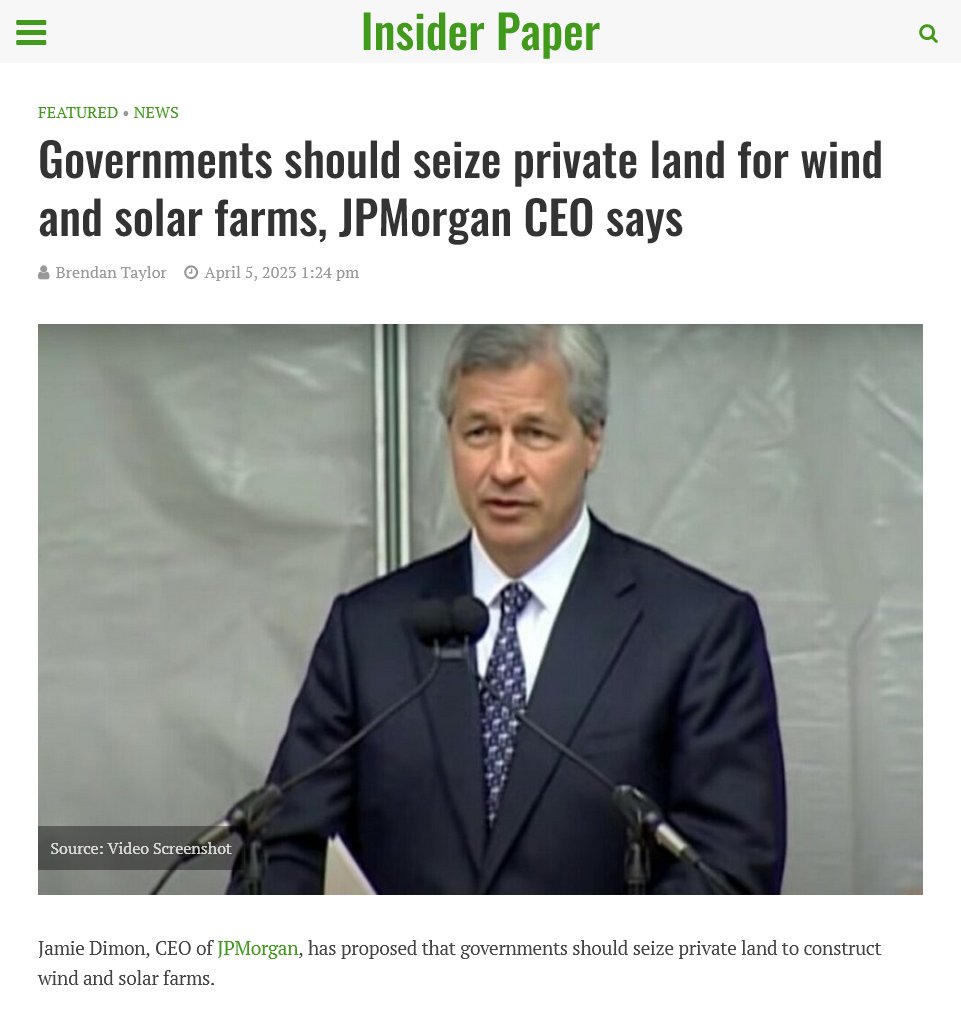 摩根大通CEO建议政府为风能和太阳能征用私人土地】 4月5日，据法新社《内幕文件》报道，摩根大通首席执行官杰米·戴蒙（Jamie  Dimon）提议政府应征用私人土地建设风能和太阳能农场。 https://t.co/FqDZXZtgCA
