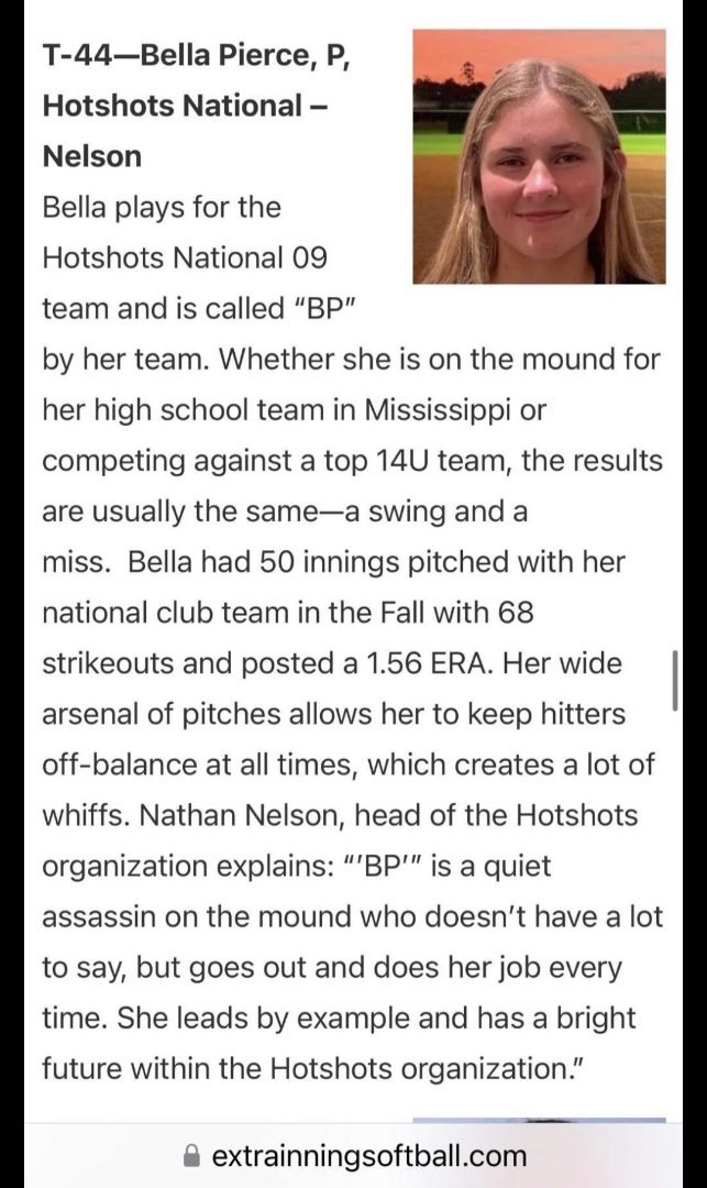 Bella Pierce (@bellapierce2027) on Twitter photo Thank you <a href="/ExtraInningSB/">EXTRA INNING SOFTBALL</a> for ranking me #44 in the 2027 class. So thankful to part of the Hotshots Organization and the Northwest Rankin Cougar Softball Team. Thank you <a href="/ExtraInningSB/">EXTRA INNING SOFTBALL</a> for ranking me #44 in the 2027 class. So thankful to part of the Hotshots Organization and the Northwest Rankin Cougar Softball Team.