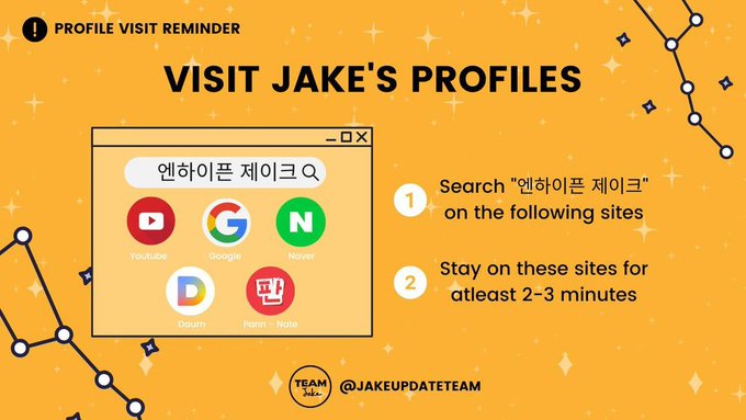090423┃PROFILE VISIT 📈

✅ Stay in these links for 2-3 minutes!   
D: bit.ly/3zIIM0J
G: bit.ly/31LlZ7L
YT: bit.ly/3fdTanH
N: bit.ly/3FlT7ks
P: bit.ly/3HVIbLI 

#제이크 #JAKE #엔하이픈_제이크 #ENHYPEN_JAKE  
<a href="/ENHYPEN/">ENHYPEN OFFICIAL</a>
<a href="/ENHYPEN_members/">ENHYPEN</a>