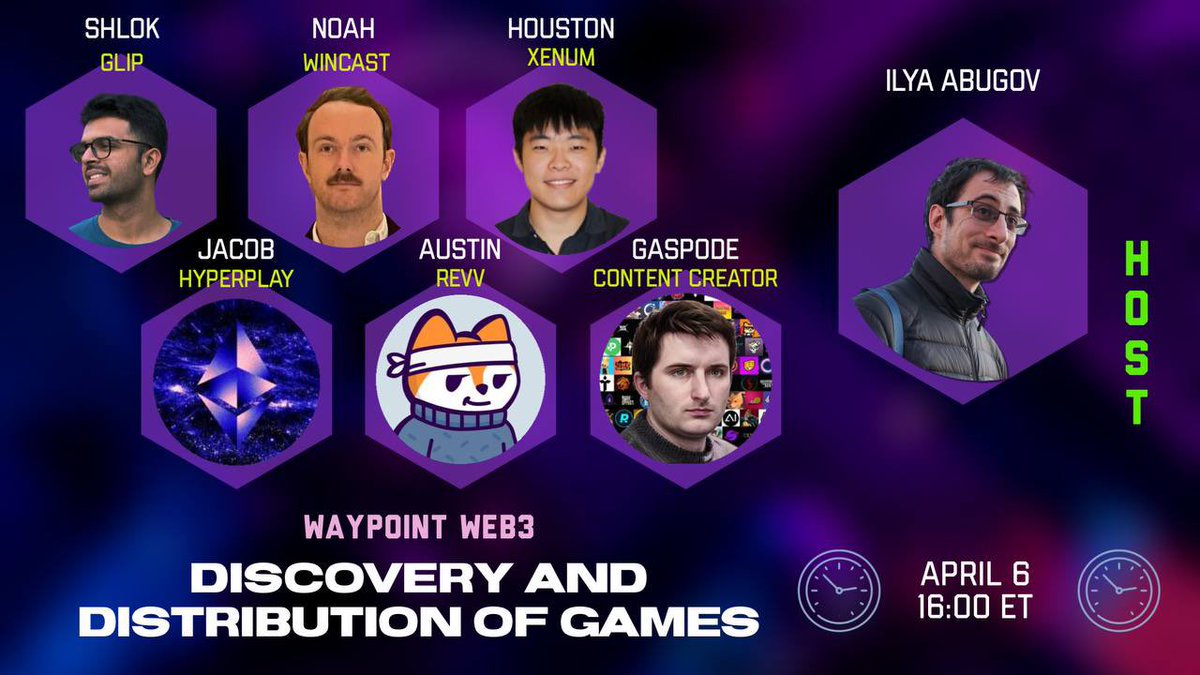AbugovIlya's tweet image. On the next #WaypointWeb3 we discuss how #web3game can find its gamer audience with:

@WincastNFT 
@playshutdown @xenumgames 
@GaspodeWD 
@nfteague @revv_gg 
@jacobc_eth @HyperPlayGaming 

Don’t miss it: