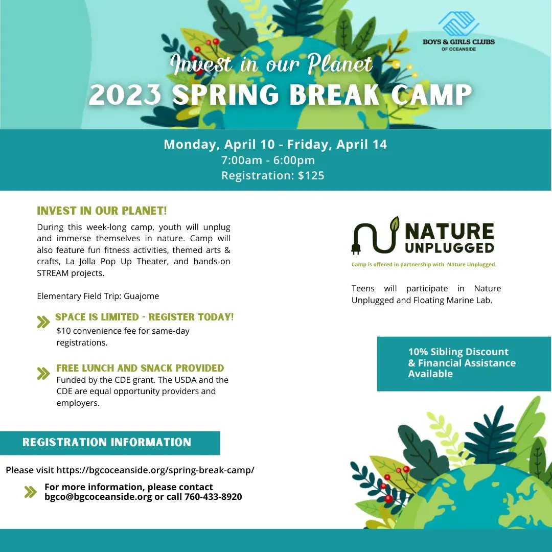 bgcgreatogether's tweet image. Spring into action and join us in Investing in our Planet! Don&apos;t miss out on the fun, there are still open spots available for our Spring Break Camp. Sign up now by reaching us at 760-433-8920! 🌸🌞🌴

#spingbreak #spring #fun #youth #oceanside #northcounty #bgca