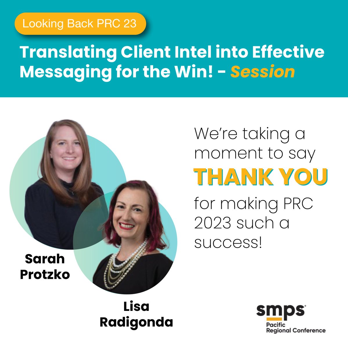 SMPSTheWave's tweet image. Looking Back PRC 23 - We’re taking a moment to say THANK YOU for making PRC 2023 such a success!

Translating Client Intel into Effective Messaging for the Win! - Session Speakers #SMPSPRC2023