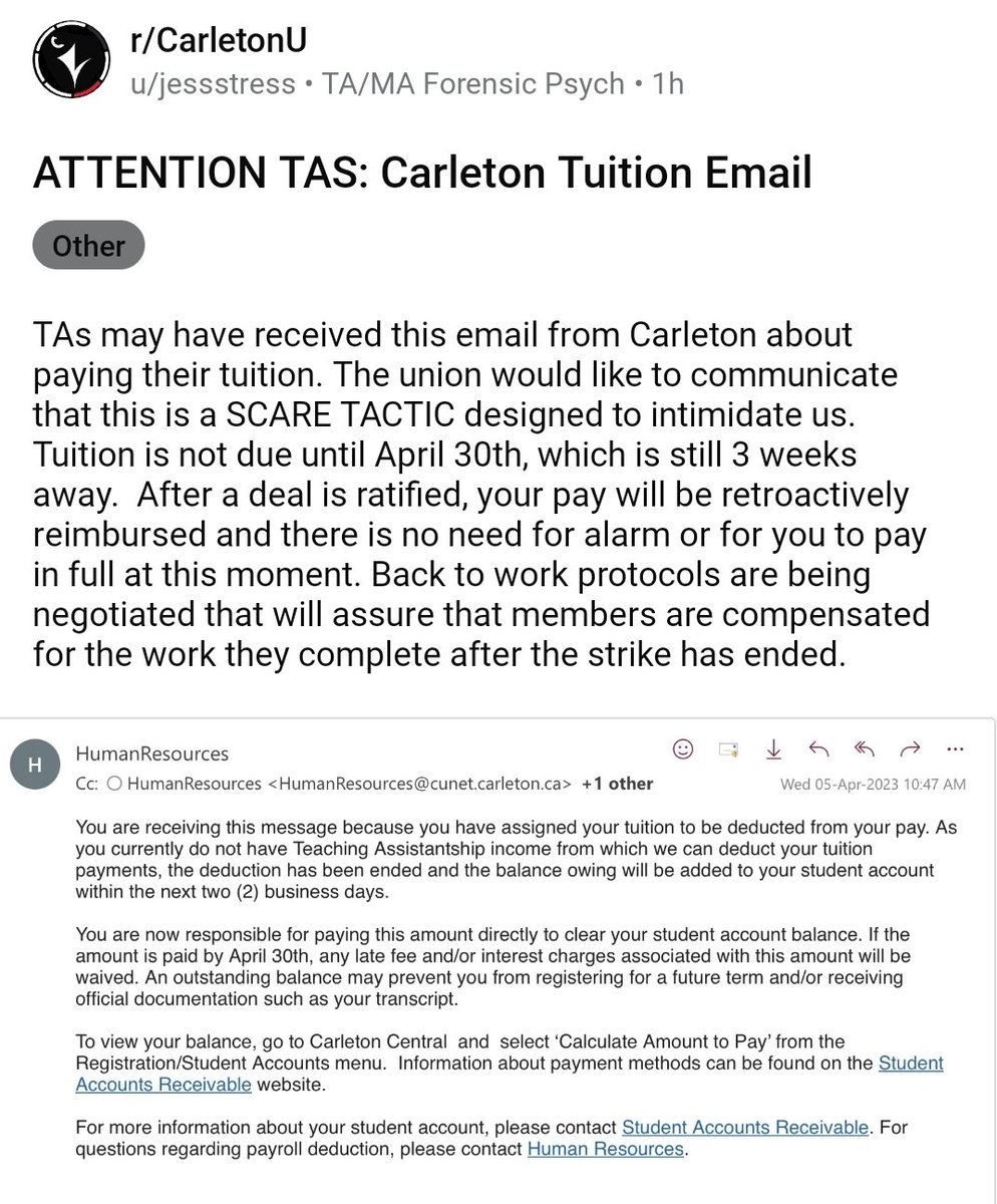 keats87's tweet photo. Wow. Threatening students with late fees now are we? #CUPE @cupe4600 #carleton https://t.co/0FdnFv3wEh