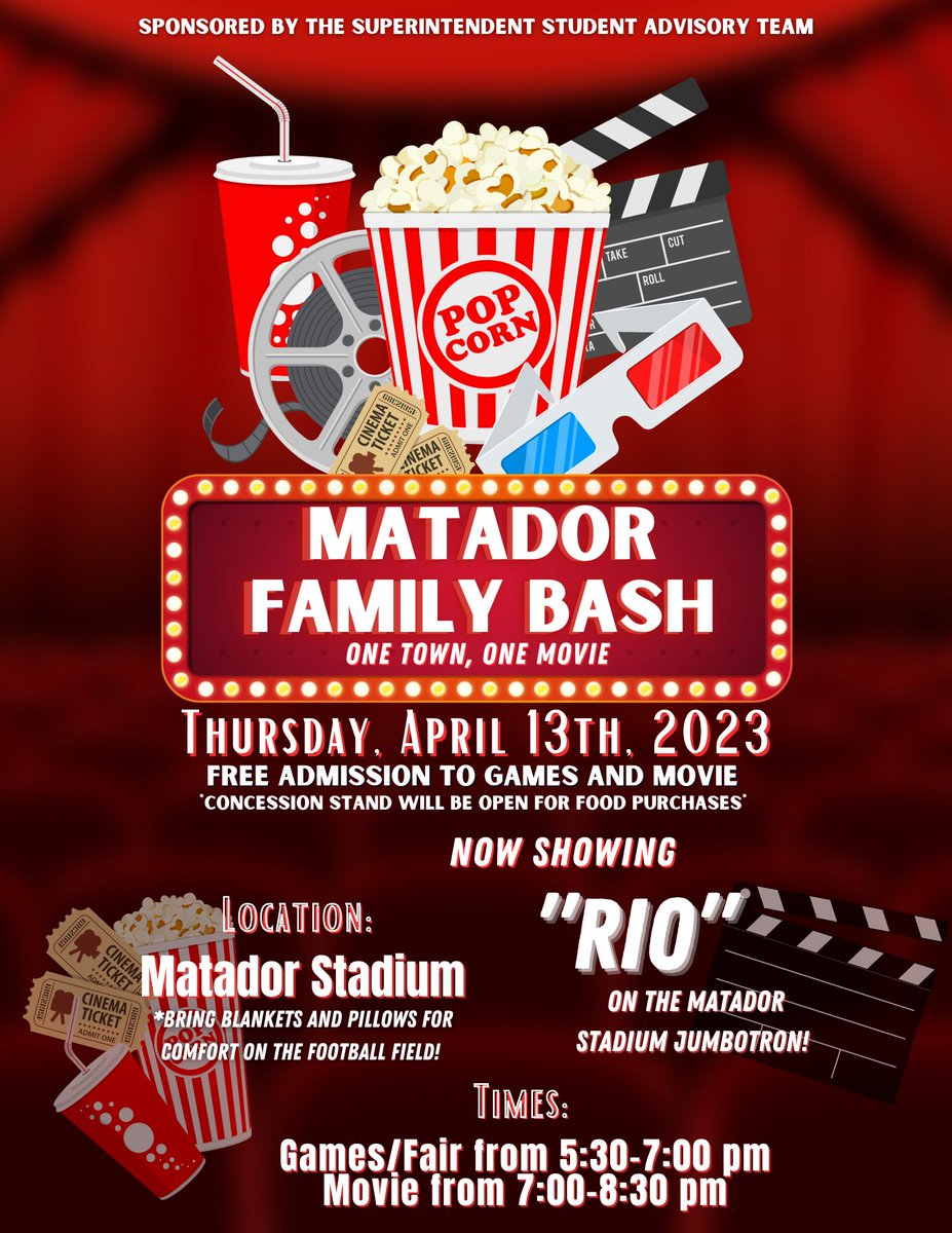 SeguinISD's tweet photo. Join us at Matador Stadium on April 13 for the Matador Family Bash sponsored by the Superintendent's Student Advisory Team! Enjoy fun, games, and a free screening of Rio. #WeAreSeguin https://t.co/KwVthnujOG
