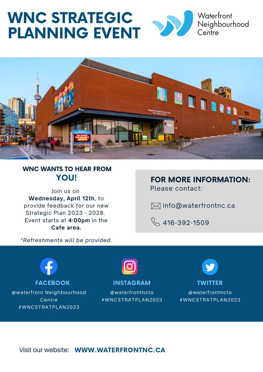 Waterfront Neighbourhood Centre (@waterfrontncto) on Twitter photo We want to hear from you. Join us on Wednesday, April 12th at 4 pm for WNCβs Strategic Planning Event. β¨
For more information contact: info@waterfrontnc.ca x 416.392.1509
#WaterfrontncTO #StrategicPlanning #WNCSTRATPLAN2023 We want to hear from you. Join us on Wednesday, April 12th at 4 pm for WNCβs Strategic Planning Event. β¨
For more information contact: info@waterfrontnc.ca x 416.392.1509
#WaterfrontncTO #StrategicPlanning #WNCSTRATPLAN2023
