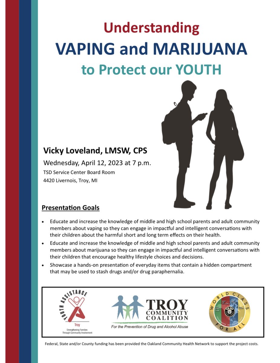 TYAssistance's tweet photo. All parents are invited to attend this program Understanding Vaping and Marijuana to Protect Our Youth on Wednesday, April 12 at 7pm presented by the Troy Community Coalition and Troy Youth Assistance. @CoalitionTroy @TroyMI_Police @troyschools https://t.co/1BEe9ptabk