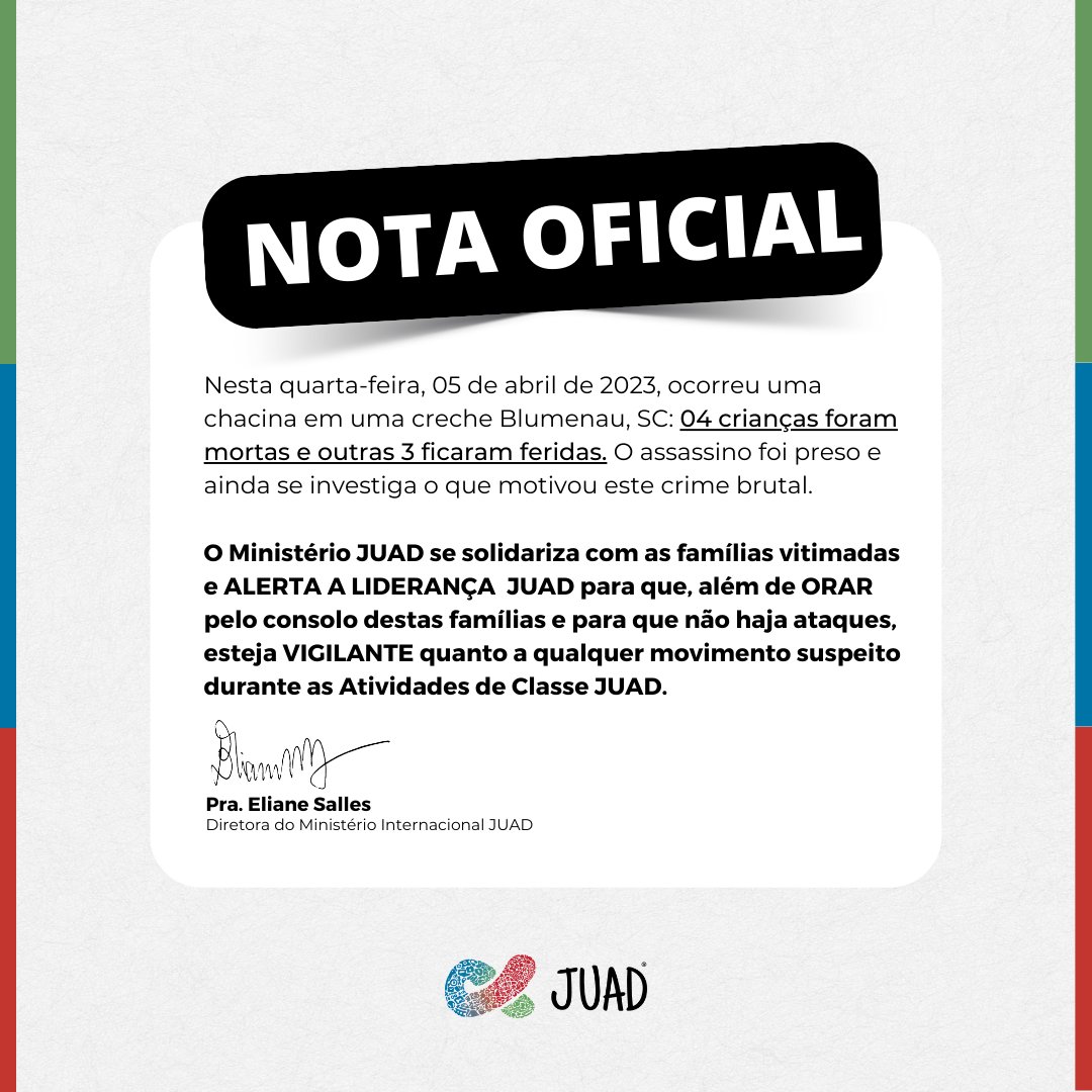 JUADGlobal's tweet photo. Que tristeza! 💔 Nos compadecemos das famílias vítimas da chacina de Blumenau e como LÍDERES JUAD nos colocamos vigilantes em oração e ação, pelos juniores e adolescentes de todo o mundo! 🙏 https://t.co/oTIEVQzRmw