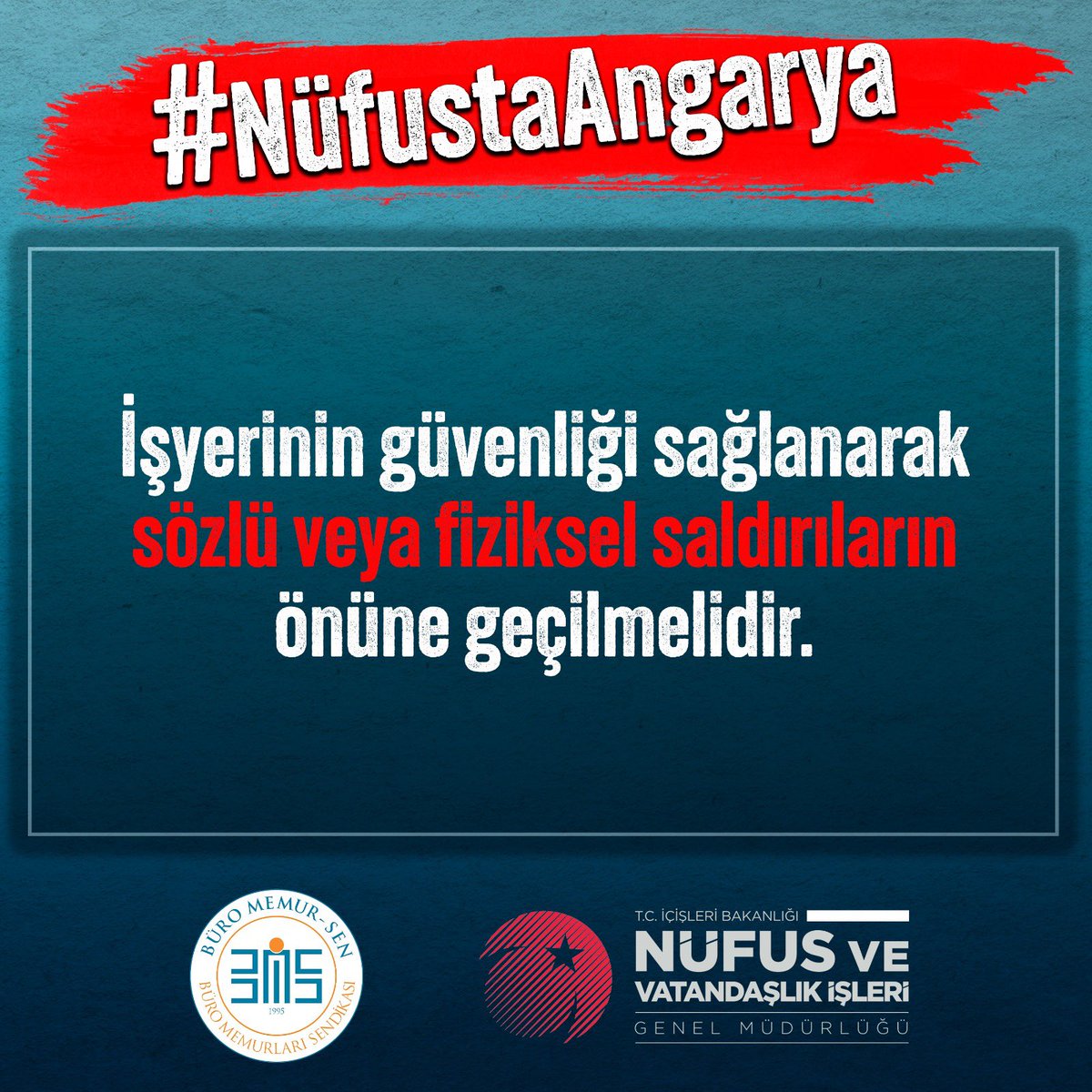 #NufustaAngarya

İşyerinin güvenliği sağlanarak sözlü veya fiziksel saldırıların önüne geçilmelidir.

<a href="/RTErdogan/">Recep Tayyip Erdoğan</a> <a href="/suleymansoylu/">Süleyman Soylu</a> <a href="/sefikaygol/">Şefik AYGÖL</a> <a href="/TC_icisleri/">T.C. İçişleri Bakanlığı</a>