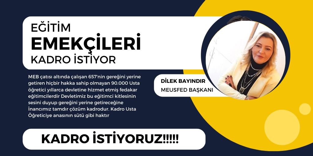 Sayın cumhurbaşkanım <a href="/RTErdogan/">Recep Tayyip Erdoğan</a> ustaöğreticiler madur. Bayram öncesi verin müjdeli haberi. Kadro istiyoruz.  Saygılarımızla.<a href="/RTErdogan/">Recep Tayyip Erdoğan</a>
<a href="/dbdevletbahceli/">Devlet Bahçeli</a>
<a href="/RTErdogan/">Recep Tayyip Erdoğan</a> 
<a href="/dbdevletbahceli/">Devlet Bahçeli</a>
<a href="/ErbakanFatih/">Dr. Fatih Erbakan</a>
<a href="/TBMMGenelKurulu/">TBMM Genel Kurulu</a>
<a href="/vedatbilgn/">Vedat Bilgin</a> 
<a href="/prof_mahmutozer/">Mahmut Özer</a>
<a href="/_cevdetyilmaz/">Cevdet Yılmaz</a>
<a href="/emrullahisler/">Emrullah İŞLER</a>