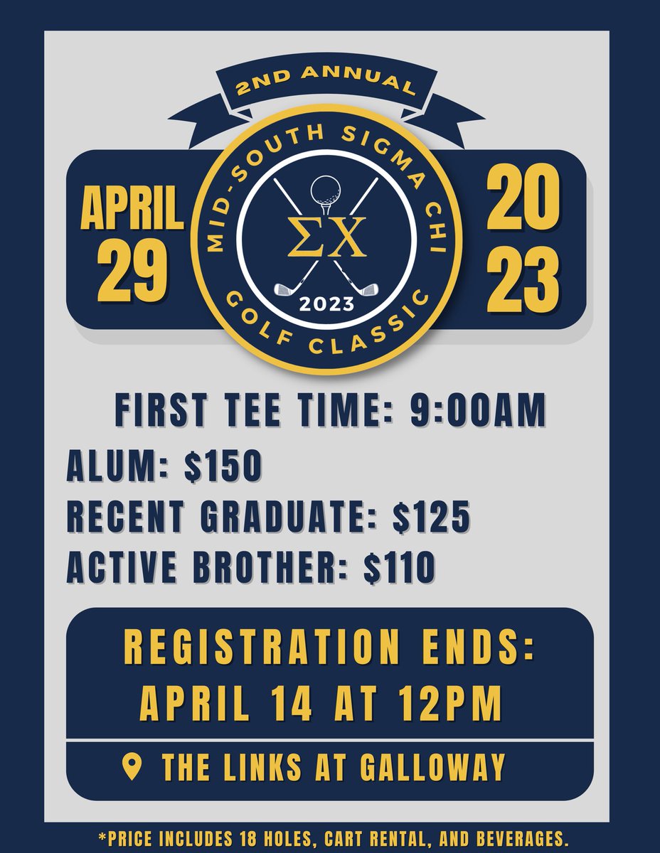 Calling all golfers! Help the active chapter raise money for Derby Days.

If you have any questions, contact Braden Grove (bagrove@memphis.edu or 870-941-8962)

Link to register: click.memberplanet.net/ls/click?upn=z…