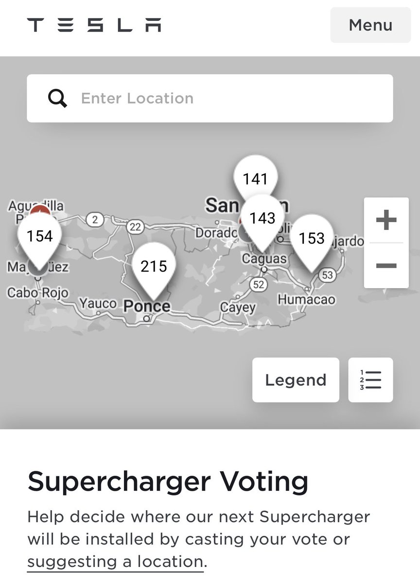 .<a href="/TeslaCharging/">Tesla Charging</a> has opened voting for future locations… if you need to fill out your 5 votes, please consider picking a location in #PuertoRico 🙏 

<a href="/TesLatino/">TesLatino</a> 👏👏👏