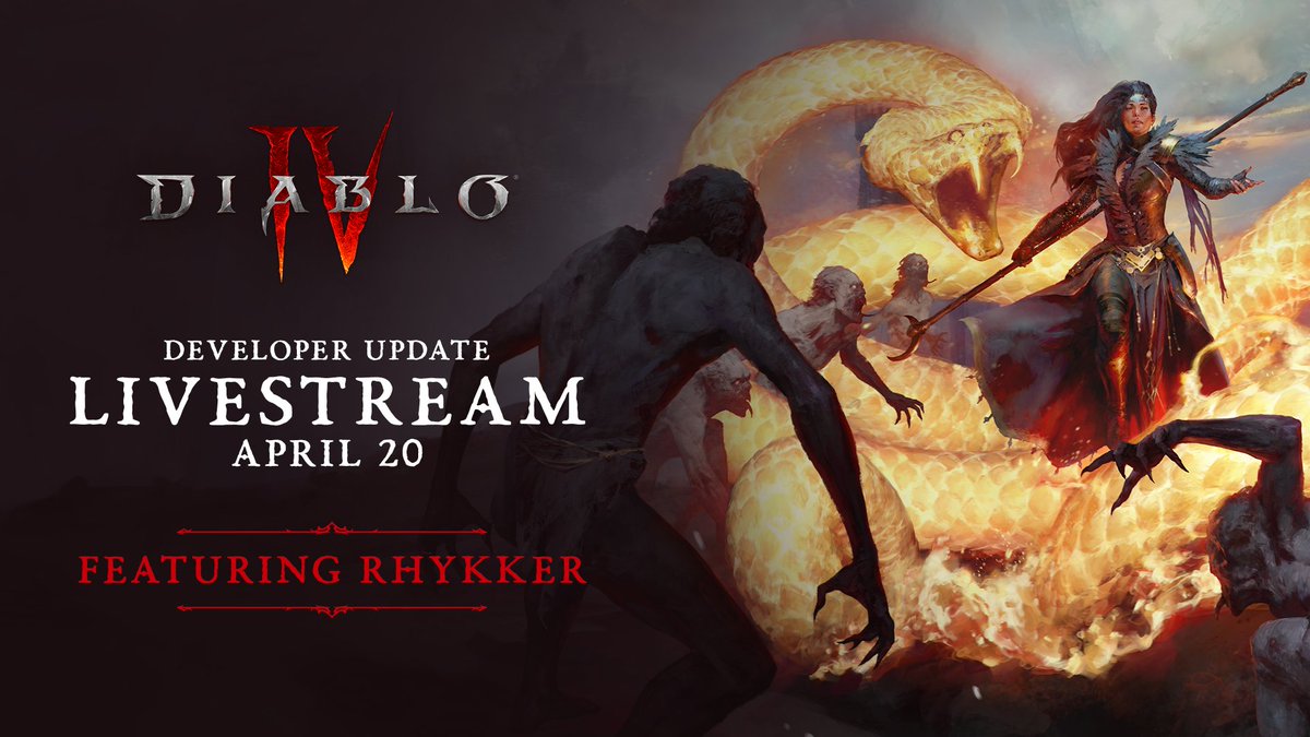 Join us on April 20th for our next Developer Update Livestream with our special guest host @Rhykker!

We will be talking about endgame systems and beta learnings!

news.blizzard.com/en-us/diablo4/…