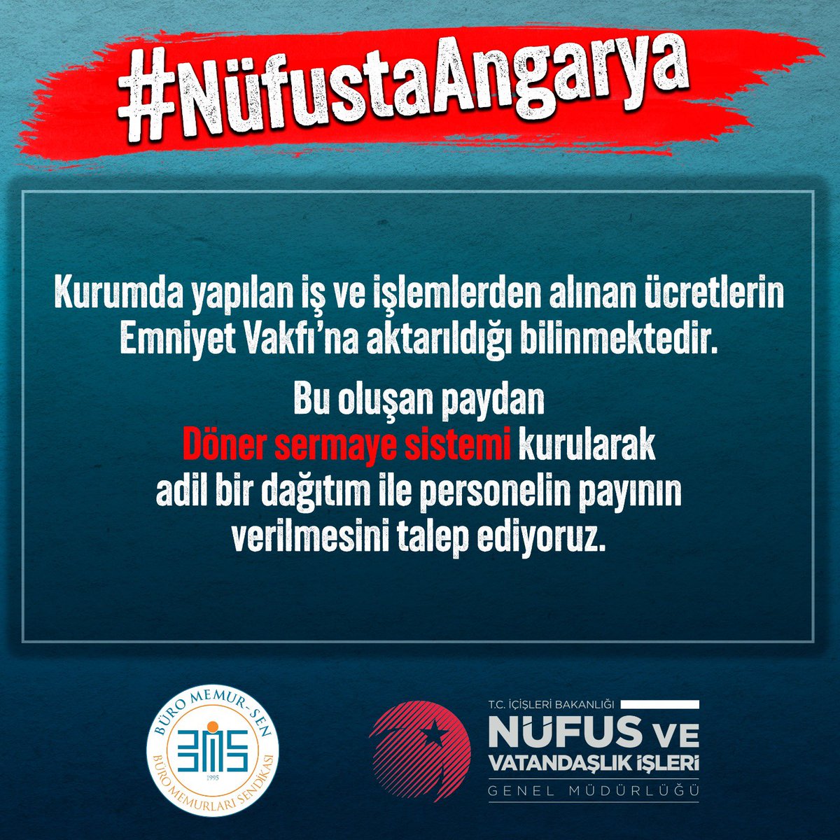 #NufustaAngarya
Kurumda yapılan iş ve işlemlerden alınan ücretlerin Emniyet Vakfı’na aktarıldığı bilinmektedir.Bu oluşan paydan Döner sermaye sistemi kurularak adil bir dağıtım ile personelin payının verilmesini talep ediyoruz.
<a href="/RTErdogan/">Recep Tayyip Erdoğan</a> <a href="/suleymansoylu/">Süleyman Soylu</a> <a href="/sefikaygol/">Şefik AYGÖL</a> @yusufyagzan37