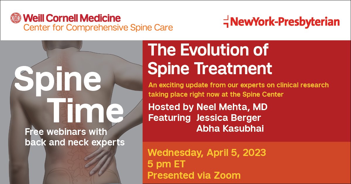 WCMPain's tweet photo. An exciting update on the clinical research currently happening at @WeillCornell's Center for Comprehensive Spine Care that could help your pain. Tune in TODAY at 5PM for the latest #SpineTime hosted by our own Dr. Neel Mehta. Register: https://t.co/2oHLcqIrzZ (@WCMAnesthesia) https://t.co/pbVVXqJHnc