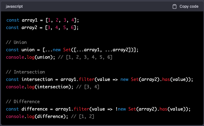 zero2hero_uk's tweet photo. Javascript Tip: Use JavaScript's Set object to perform operations like union, intersection, and difference on arrays.
#JSLibraries
#WebProgramming #FrontendDesign
#WebApps #ReactHooks
#JSFeatures #JSEcosystem
#FrontendTools #ReactComponents https://t.co/MxuSfk5o2O