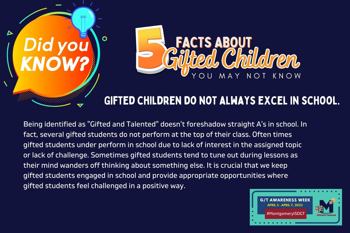 5 Facts About Gifted Children You May Not Know
#1 Gifted children do not always excel in school.

<a href="/MontgomeryISD/">Montgomery ISD</a>