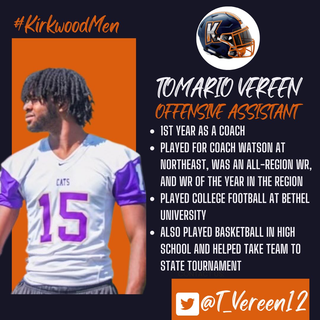 Kirkwood Football (@kcobrasfootball) on Twitter photo 🚨Coaching Hire Announcement🚨
Meet another Offensive Assistant Coach <a href="/T_vereen12/">Tomario Vereen</a>
Coach T will be helping out with all playmakers on the Offensive Side of the football
#KirkwoodMen
#StandTall
#OrangeSlime🐍 🚨Coaching Hire Announcement🚨
Meet another Offensive Assistant Coach <a href="/T_vereen12/">Tomario Vereen</a>
Coach T will be helping out with all playmakers on the Offensive Side of the football
#KirkwoodMen
#StandTall
#OrangeSlime🐍