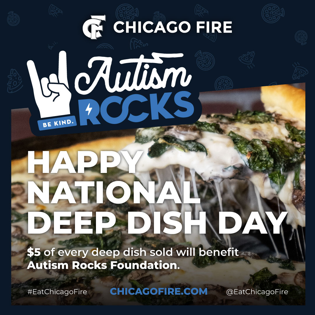 EatChicagoFire's tweet photo. It's National Deep Dish Pizza Day 🎉

Get yourself a deep dish at any of our locations today (4/5), and we'll donate $5 for each deep dish sold to the @rocknwithautism! Drop by, enjoy a deep dish, and help a great cause!

#WeRockWithAutism #ChiFiFam #ChiFiPie #EatChicagofire https://t.co/dPxPz6mvVY