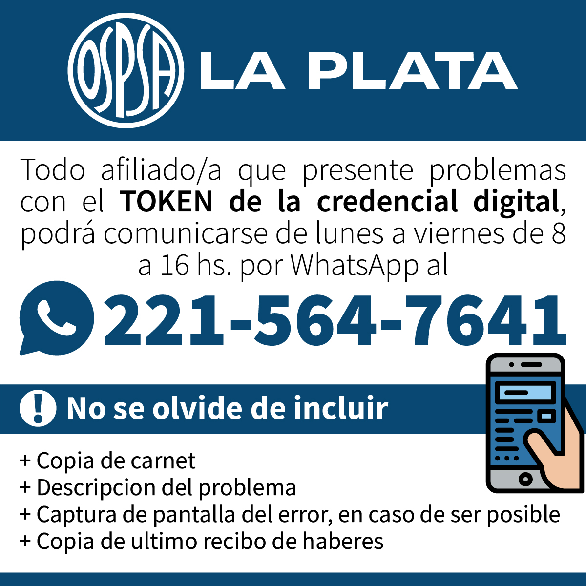 ATENCION #OSPSALaPlata
#CredencialDigital #token @nogueirael21 @PedroBorgini @fatsa @hectordaer