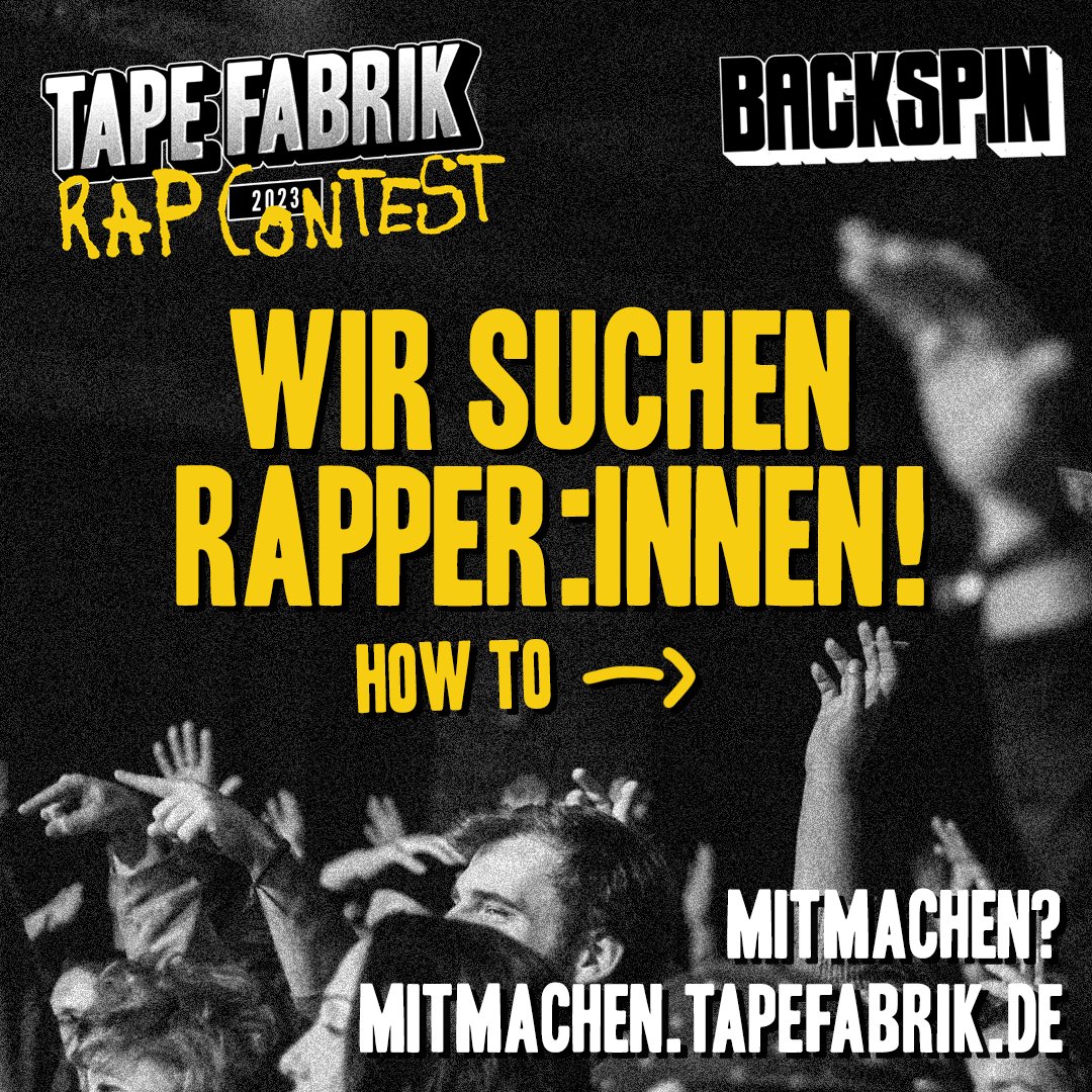 Tapefabrik's tweet photo. Du kommst aus dem Untergrund und bist bereit für den großen Festival-Auftritt? Dann check das: Unser Rap-Contest mit @allesbackspin startet JETZT! 📣

Alle weiteren Infos und die offizielle Teilnahme auf https://t.co/38aFUVvi2p  
Mic drop! https://t.co/PqBGuwhJVU