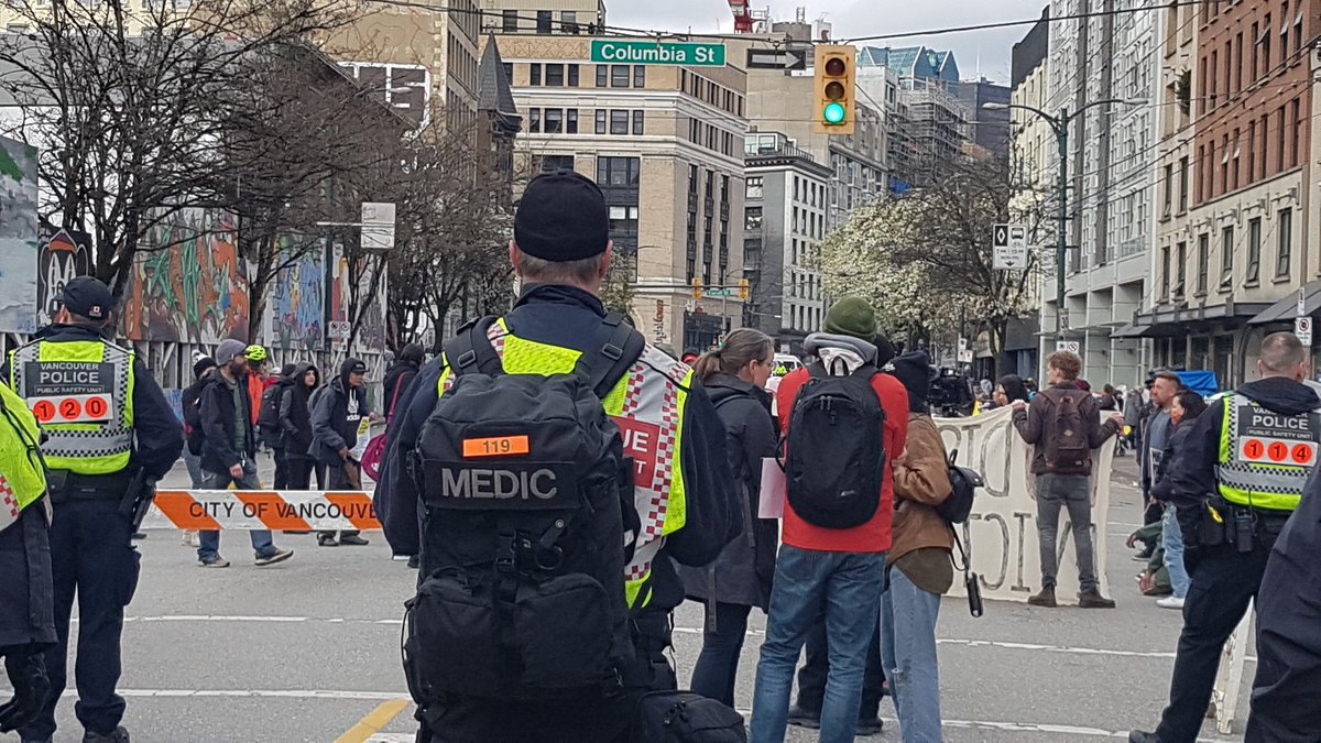 Inside exclusion zone in dtes where cops have barricaded block. Block of main &amp; hastings been completely decamped, belongings in storage and *no housing* offered so far, only *some possible* shelter beds for *one night*. Despite city press release claims, no BC housing here.