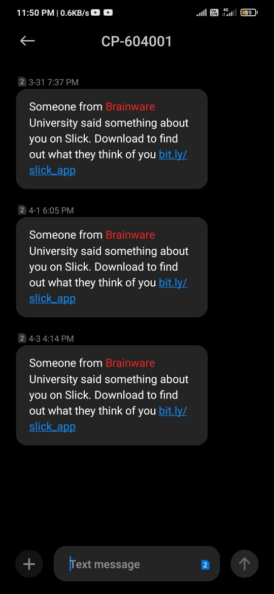 imhrishibarman's tweet photo. I'm requesting @BrainwareTweet , there is a application named #slick that has been downloaded by some of  our students. Already that application has found to be harmful for data. 🙏 
This application is misusing users contact data &amp; sending messages and ask for download. https://t.co/TYVoL4SmaM