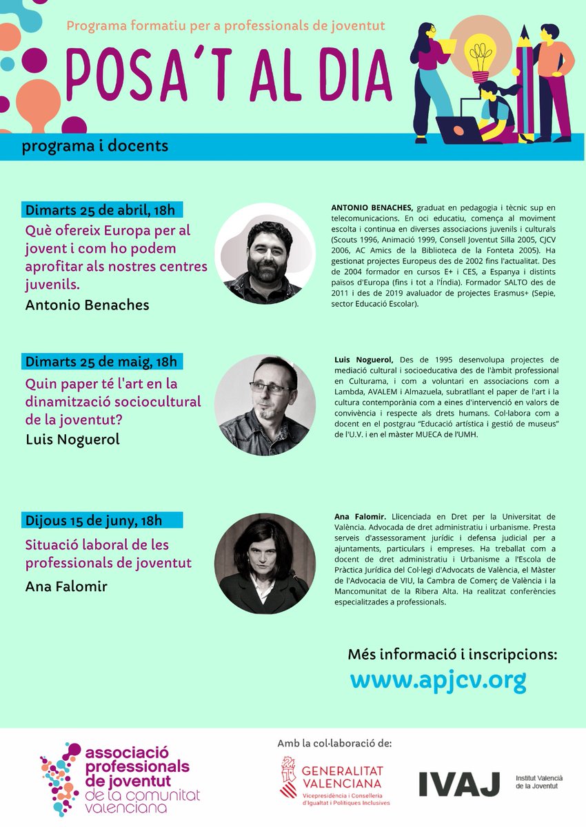 apjcv's tweet photo. Ja tenim preparada una edició de Posa't al dia per a aquest final de curs, les inscripcions es realitzaran a partir de demà, dijous 5 d'abril, a les 12 hores, i amb prioritats per als socis i les sòcies, i amb places limitades.
#APJCV #ProfessionalsJoventut https://t.co/nCGmbbknzk