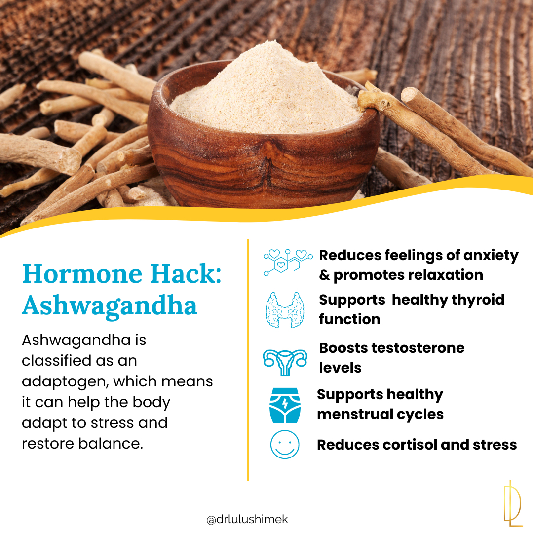 🌿 Ashwagandha is a natural stress-buster! Need to reduce cortisol and stress hormones? Try ashwagandha! Here are 5 hormone hacks:

1️⃣ 🧘‍♀️ Ashwagandha is an adaptogen, which can help your body adapt to stress and promote relaxation.
2️⃣ 🦋 Ashwagandha supports thyroid function
