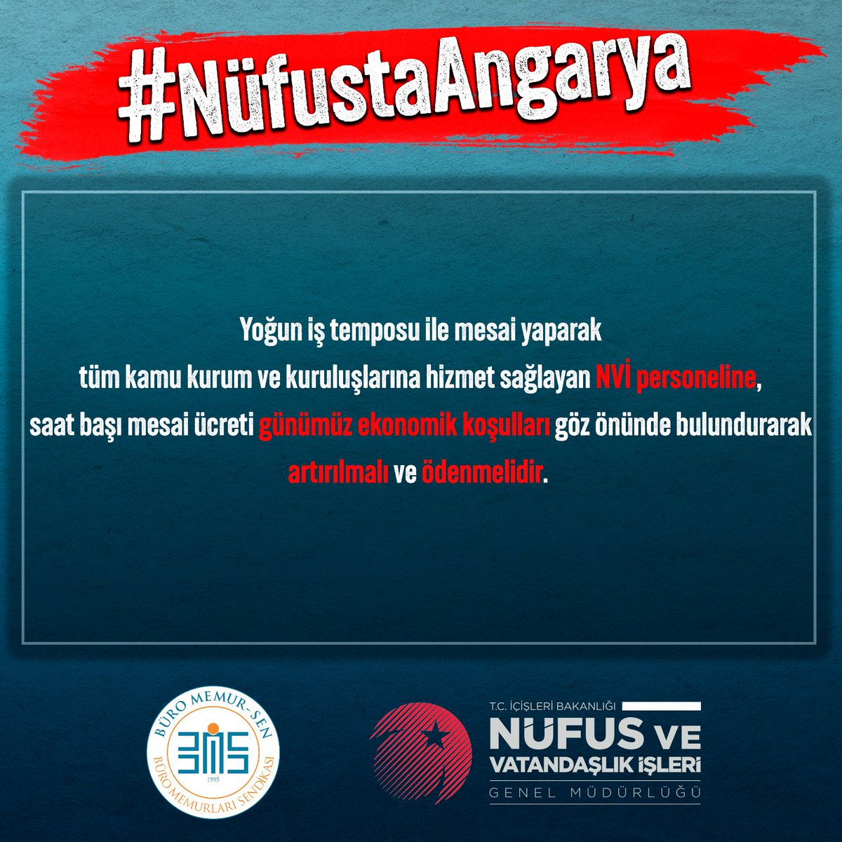 Büyükşehirlerde çalışan nüfus personeli fazla çalışma mesaisi değil döner sermaye ,yemek,yol ve yıpranma hakkı istiyor #NufustaAngarya
<a href="/RTErdogan/">Recep Tayyip Erdoğan</a> 
<a href="/suleymansoylu/">Süleyman Soylu</a> 
<a href="/vedatbilgn/">Vedat Bilgin</a> 
<a href="/sefikaygol/">Şefik AYGÖL</a> 
<a href="/_aliyalcin_/">Ali YALÇIN</a> 
<a href="/yusufyazgan37/">Yusuf YAZGAN</a>