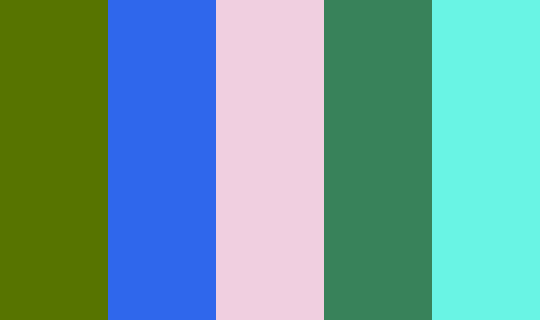 palette_gen's tweet photo. Marvelous 
 #577400 #2f67ec #f0cfe0 #38825a #69f4e4 https://t.co/l1DCEuz5Qf
