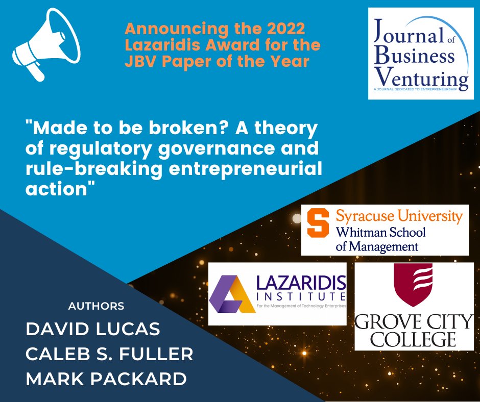 JnlBusVenturing's tweet image. Congratulations David Lucas et al. on their paper &quot;Made to be broken? A theory of regulatory governance and rule-breaking entrepreneurial action&quot; has won the 2022 JBV Best Paper Award!

Want to read more about this research? Check out the summary here: lnkd.in/gfGSduHv.