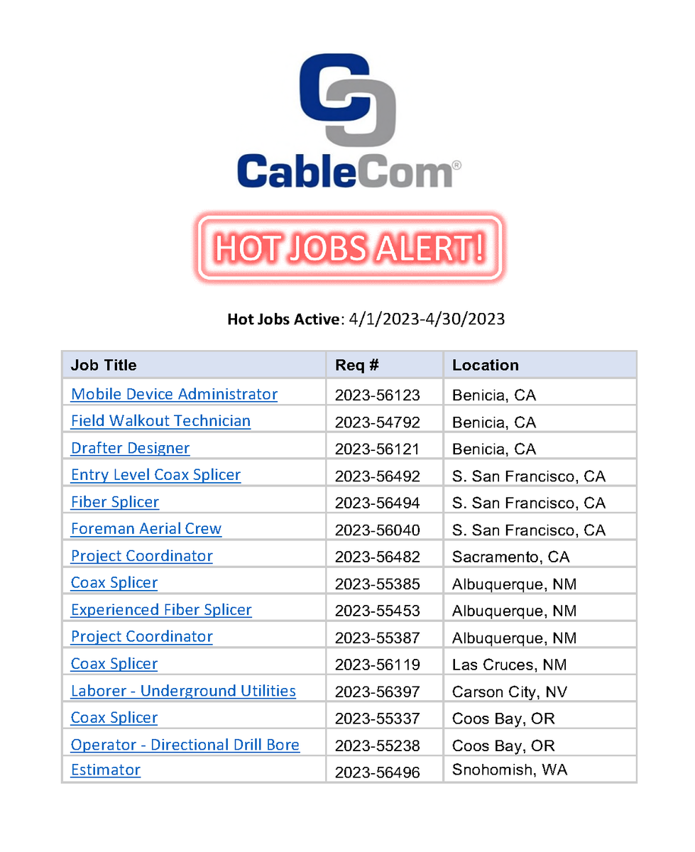 CableComJobs's tweet photo. Spring's in full swing and so is our Hot Jobs list for April '23! Check out our top-priority positions to fill in CA, NM, NV, OR, &amp; WA. To view the job descriptions &amp; apply, please visit the link in the comments.
#cablecom #telecommunications #construction #hiringnow #nowhiring https://t.co/1qvfF33IFU