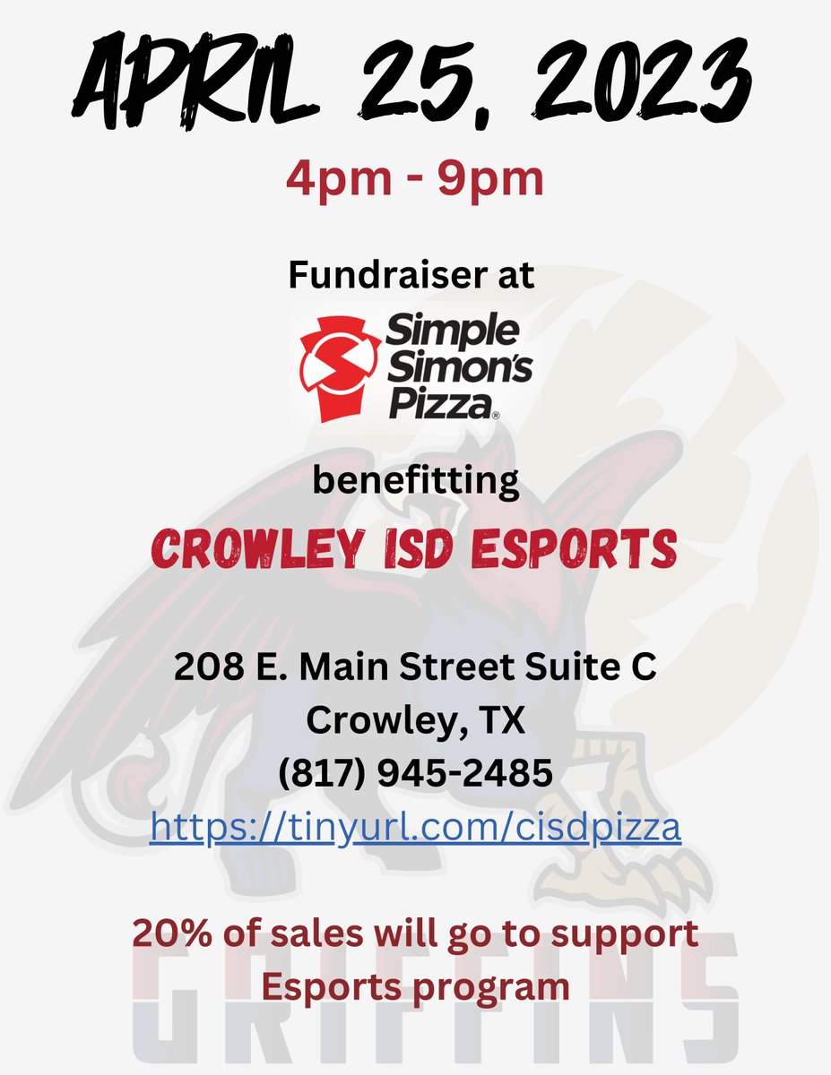 Save the date! April 25th at Simple Simon's Pizza, we will be hosting a fundraiser to support our <a href="/CrowleyISD/">Crowley ISD</a> Esports team. <a href="/CisdcollegiateA/">Crowley Collegiate</a> <a href="/CrowleyHS/">Crowley High School</a> <a href="/NorthCrowleyHS/">North Crowley HS</a> 20% of sales go back to our Esports program.
