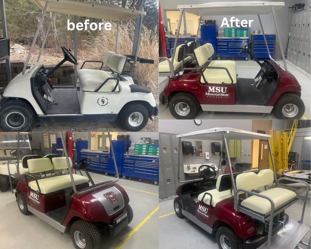 The Collision Repair crew did a great transformation on the ⁦<a href="/thieman_nick/">Nick Thieman</a>⁩ golf cart! ⁦<a href="/MissouriStBears/">Missouri State Athletics</a>⁩