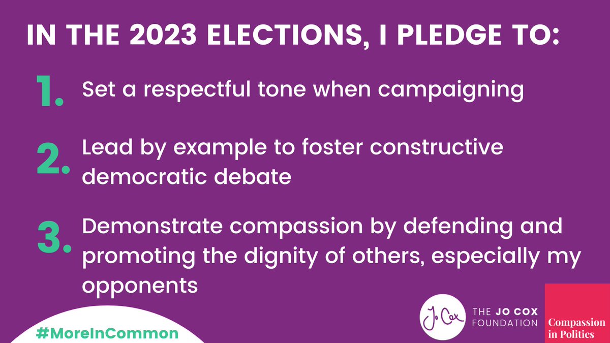 Happy to confirm that ahead of the May local elections, I am taking the @JoCoxFoundation's #CivilityPledge. I will run a respectful campaign, foster constructive democratic debate and demonstrate compassion. #MoreInCommon
