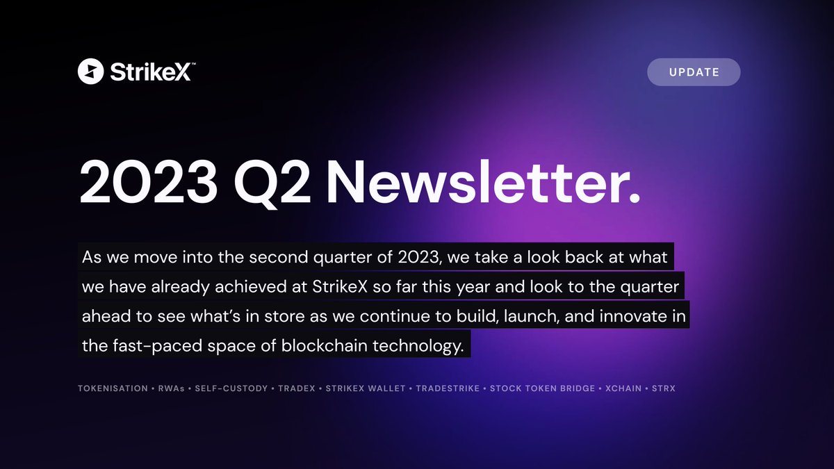 TradeStrikeBVI's tweet photo. Q2 2023 StrikeX 

We take a look back at what we have already achieved at #StrikeX so far this year and look to the quarter ahead to see what’s in store as we continue to build, launch, and innovate in the fast-paced space of blockchain technology.

Like + RT for a chance to win $200 STRX

1/13 🧵

#Tokenization #RWAs #SelfCustody #TradeX #StrikeXWallet #TradeStrike